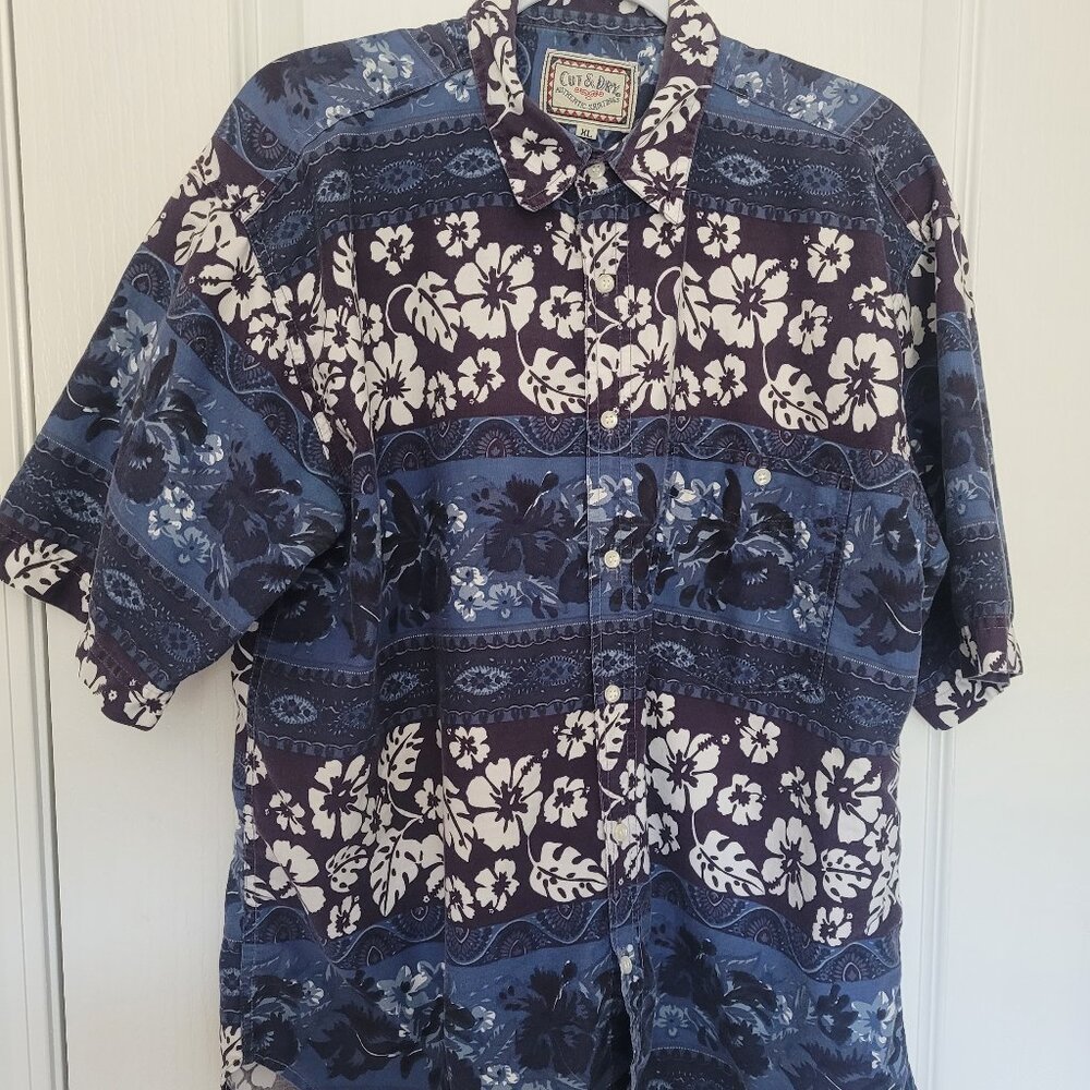 Cut & Dry Authentic Shirtings Mens Hawaiian Shirt XL Blue Brown Floral Button-Up
